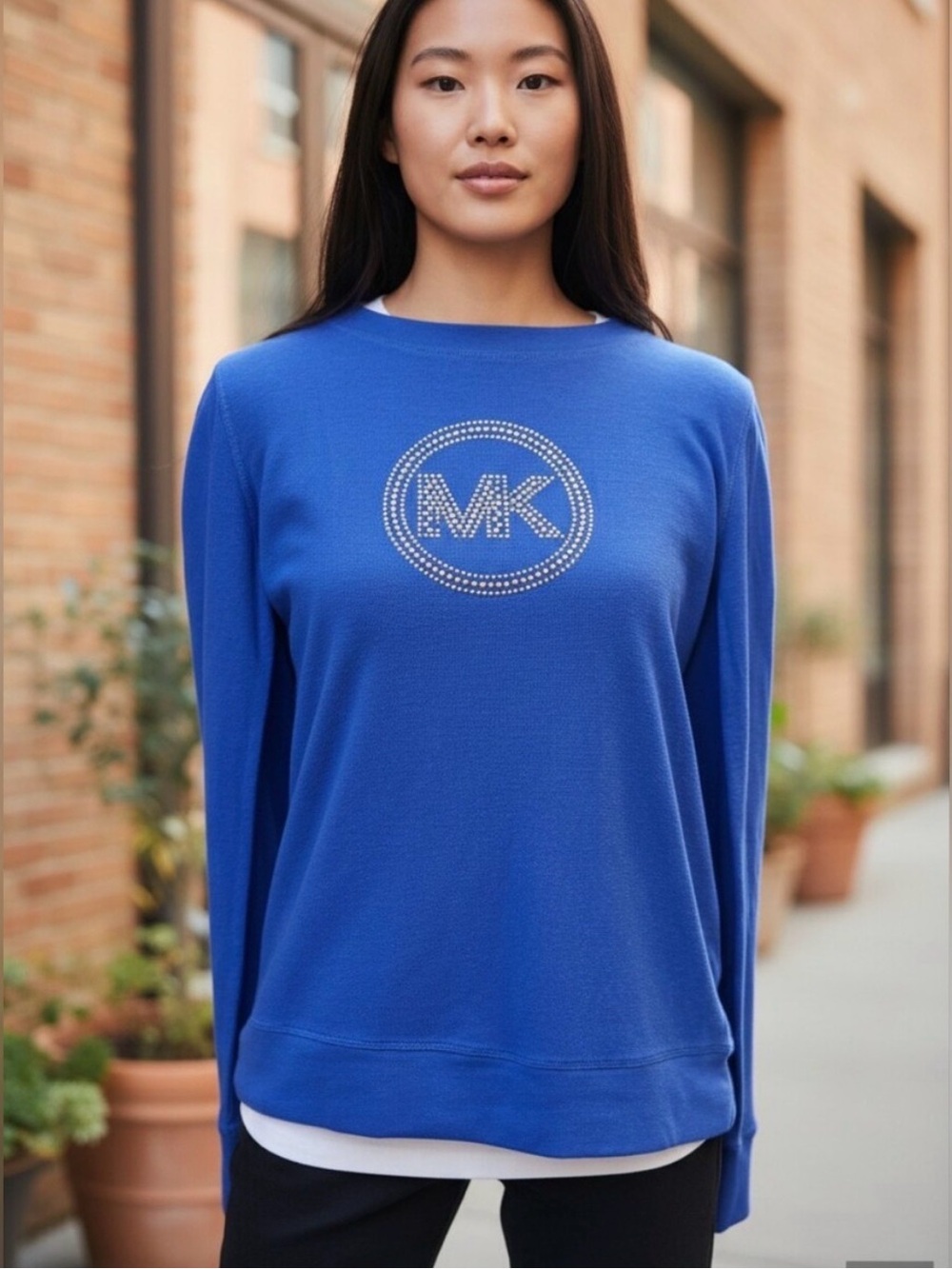 Michael Kors Cobalt Blue Rhinestone MK Logo long sleeve waffle rib T-shirt
